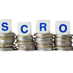 Stacks of coins with the word ESCROW isolated on white